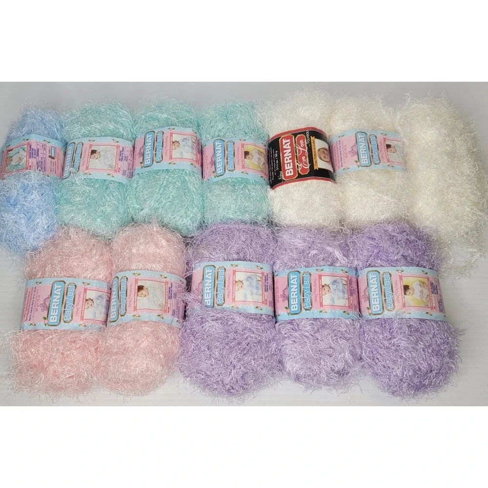 12 Skeins of Bernat Baby Eye Lash‎ Yarn Pink Purple Light Blue Light Green Cream